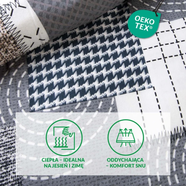 Pościel flanelowa 180x200 Ardela Grey w odcieniach szarości z wzorami, w tym kratką i zygzakami. Materiał flanelowy, miękki i teksturowany. Ułożona na płasko, w zbliżeniu ukazującym detale wzorów i faktury tkaniny.