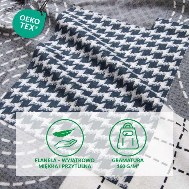Pościel flanelowa 180x200 Ardela Grey w kratkę, złożona, ukazuje fakturę materiału. Dominujące kolory to odcienie szarości oraz biały. Widoczne są wzory w kratkę oraz geometryczne linie. Ułożona na jednolitym tle.