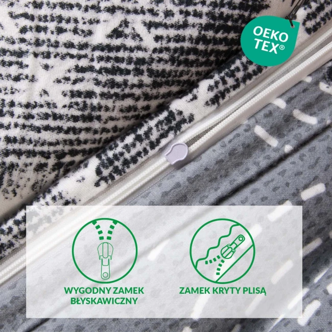 Pościel flanelowa 180x200 Ardela Grey z widocznym zamkiem błyskawicznym. Górna poszewka w czarno-białą kratkę, dolna w szare plamki. Ułożone poziomo, zbliżenie, na jednolitym tle, ukazujące fakturę flaneli.