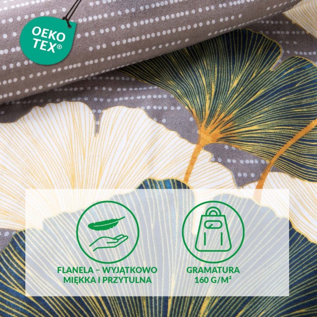 Pościel flanelowa 180x200 Solenne Dark w odcieniach szarości z delikatnym wzorem liści miłorzębu. Złożona, z widocznymi detalami geometrycznymi w białych kropkach na szarym tle. Textura flanelowa, miękka i przyjemna w dotyku.