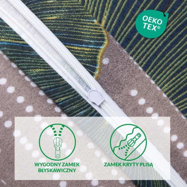 Zbliżenie na zamek błyskawiczny pościeli flanelowej w kolorze szarym z motywem liści miłorzębu. Widoczne detale materiału o miękkiej fakturze. Pościel w rozmiarze 180x200 cm, ze wzorem w plamki i kolorowe akcenty na tle.
