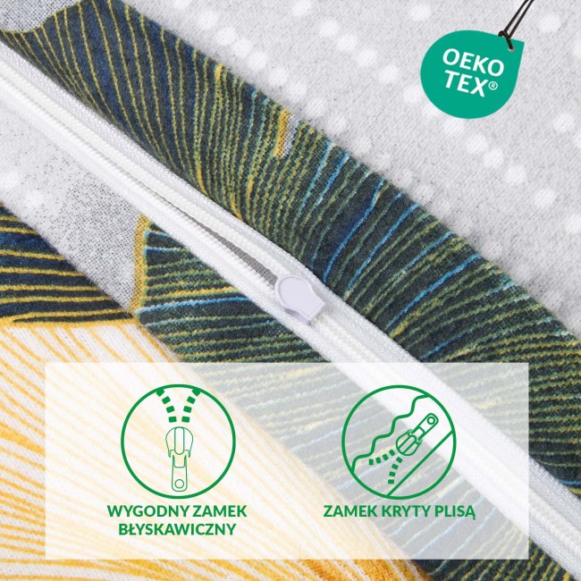 Pościel flanelowa 180x200 Solenne Light w odcieniach szarości z wzorem liści miłorzębu, z widocznym zamkiem błyskawicznym. Produkt leży na płaskiej powierzchni, uwypuklając fakturę flaneli i detal wzoru.