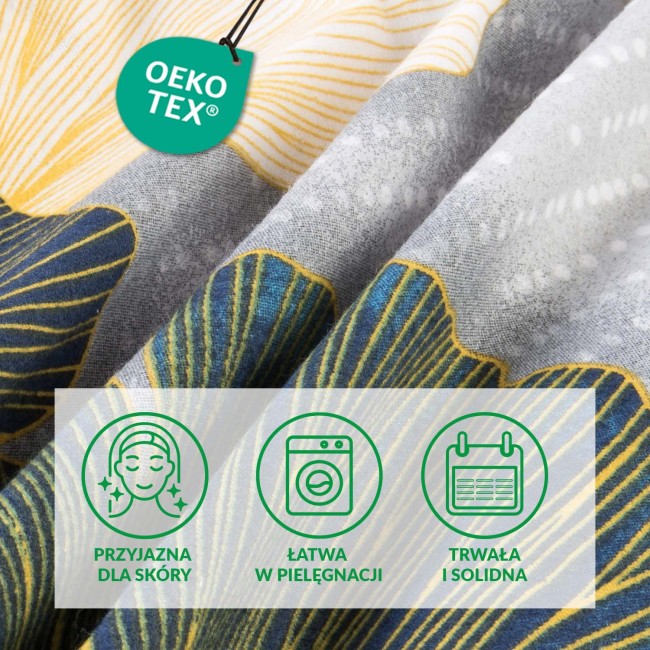 Pościel flanelowa 180x200 cm w odcieniach szarości, z wielokolorowym wzorem liści miłorzębu w zieleni i żółci. Tkanina o miękkiej fakturze, złożona i lekko podniesiona, pokazująca detale wzoru i tekstury.