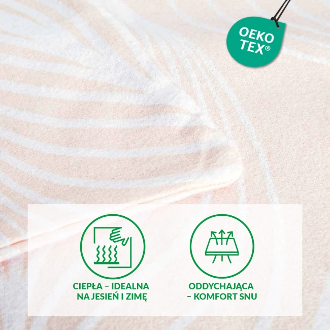 Pościel flanelowa w kolorze pudrowego różu z białymi liśćmi, o wymiarach 160x200 cm, leżąca na płaskiej powierzchni. Wzór liści jest delikatny, a materiał miękki i teksturowany. Widoczne załamania tkaniny podkreślają jego fakturę.