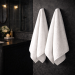 Ręcznik hotelowy 70x140 cm w kolorze białym, wiszący na wieszaku, wykonany z miękkiego materiału o wysokiej chłonności. Zdjęcie przedstawia ciemną łazienkę z naturalnym oświetleniem.