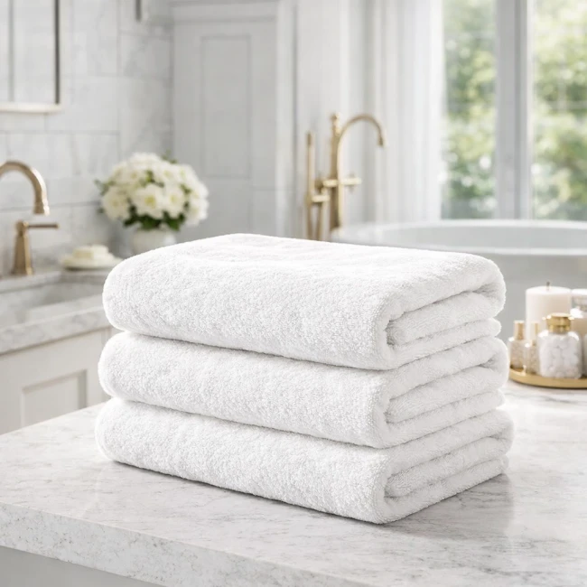 Ręcznik hotelowy 70x140 cm w kolorze białym, złożone na blacie, wykonany z miękkiego materiału o wysokiej chłonności. Zdjęcie przedstawia jasną łazienkę z naturalnym oświetleniem.