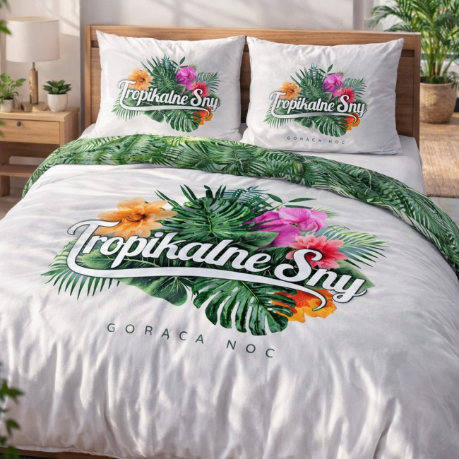  Przyjemna tropikalna pogodna biało zielona pościel bawełniana 220x200 cm z motywem tropikalnym 