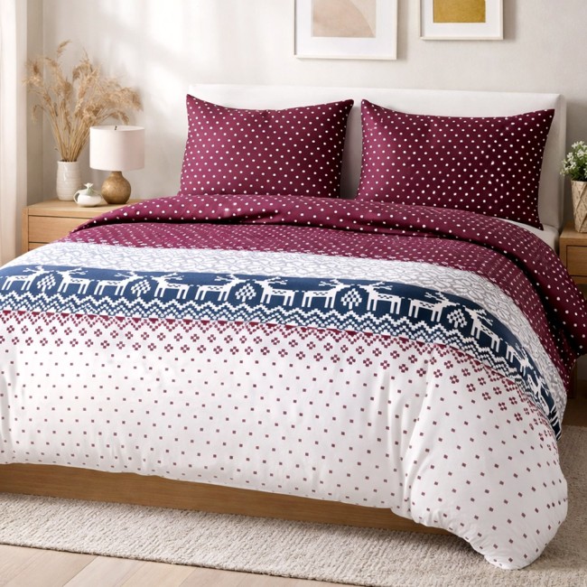  Ciepła i miękka pościel ze 100% bawełny, flanela w rozmiarze 140x200 cm w świąteczny wzór reniferów na białym i bordowym tle 