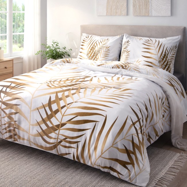  Delikatna miękka bawełniana biała pościel w liście w odcieniach beżu 220x200 cm 