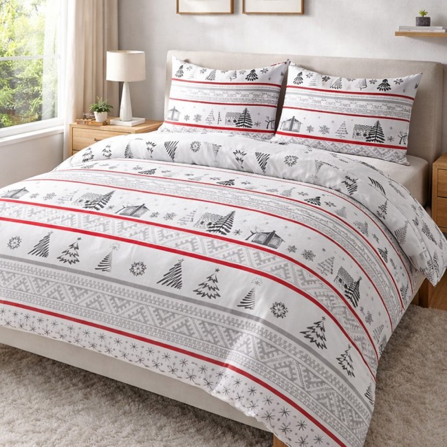  Ciepła i miękka pościel ze 100% bawełny, flanela w rozmiarze 140x200 cm w świąteczny wzór chatki i choinek na białym tle 