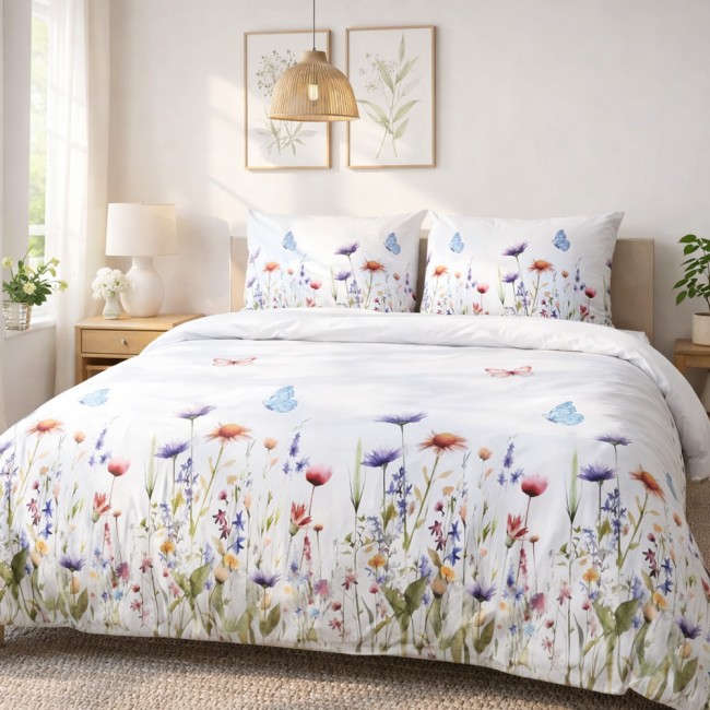  Ciepła i miękka pościel ze 100% bawełny, flanela w rozmiarze 180x200 cm w kolorową łąkę z kwiatów na białym tle 