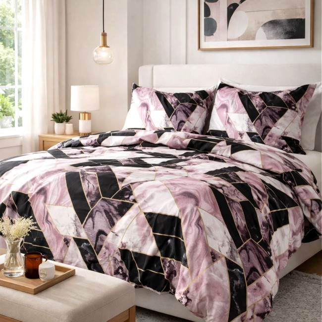  Elegancka nowoczesna delikatna pościel bawełniana satynowa 180x200 cm czarno różowy marmur 