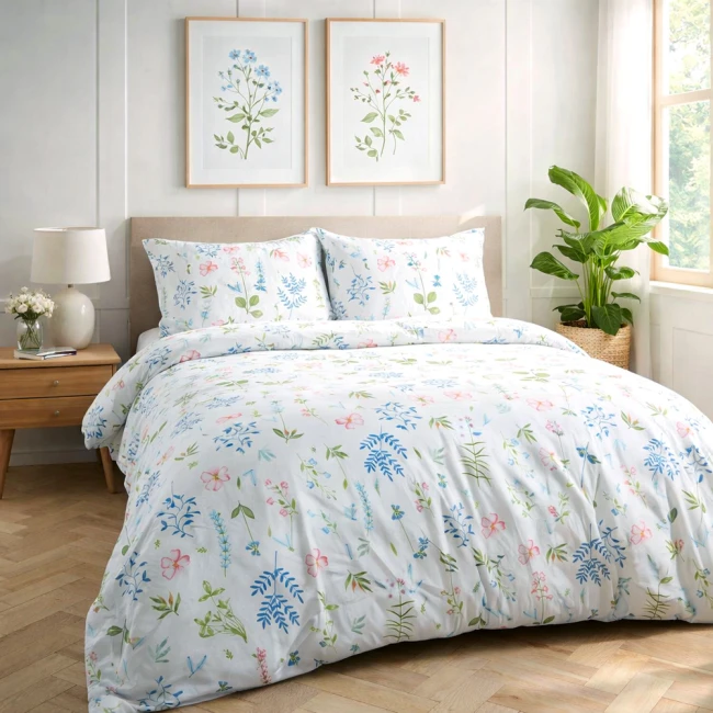 Pościel flanelowa 180x200 Lanira biała z wzorem kolorowych kwiatów. Ułożona na łóżku, widoczna poduszka z tym samym wzorem. Tło neutralne z lampą i roślinami doniczkowymi, podkreślające aranżację sypialni. Materiał miękki i ciepły, widoczna faktura.