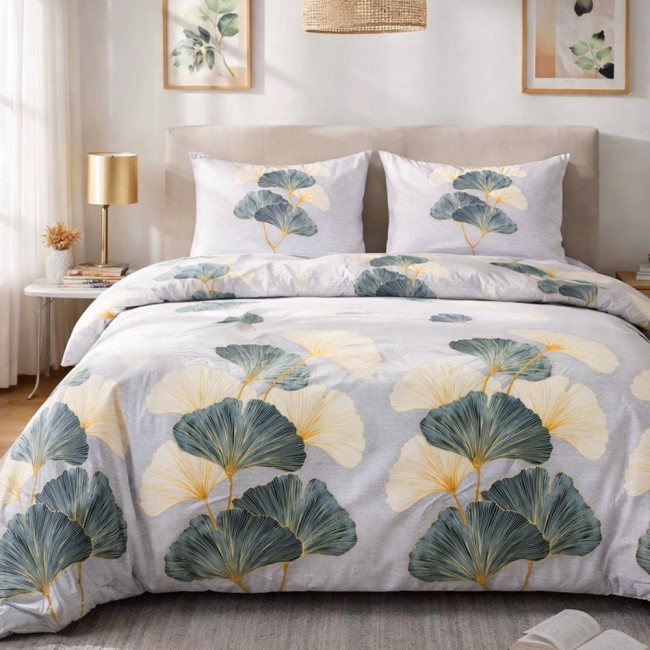 Ciepła i miękka pościel ze 100% bawełny, flanela w rozmiarze 180x200 cm w delikatne liście miłorzębu na jasnym szarym tle 