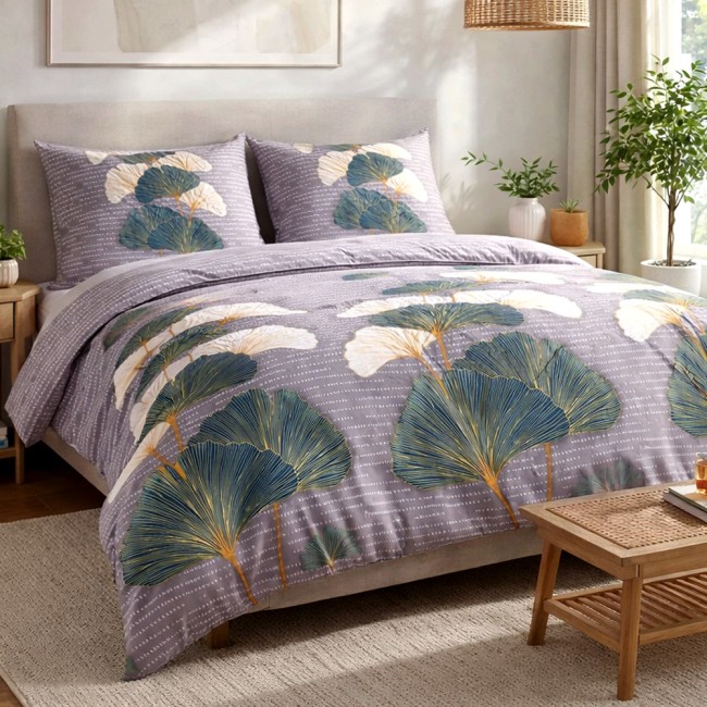  Ciepła i miękka pościel ze 100% bawełny, flanela w rozmiarze 180x200 cm w delikatne liście miłorzębu na ciemnym szarym tle 