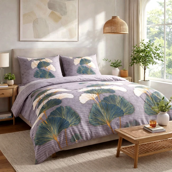 Pościel flanelowa 180x200 cm w szarym kolorze, z motywem liści miłorzębu w jasnych i ciemnych odcieniach zieleni oraz beżu, rozłożona na łóżku. Poszewki na poduszki z tym samym wzorem, w tle lampka nocna na drewnianym stoliku.