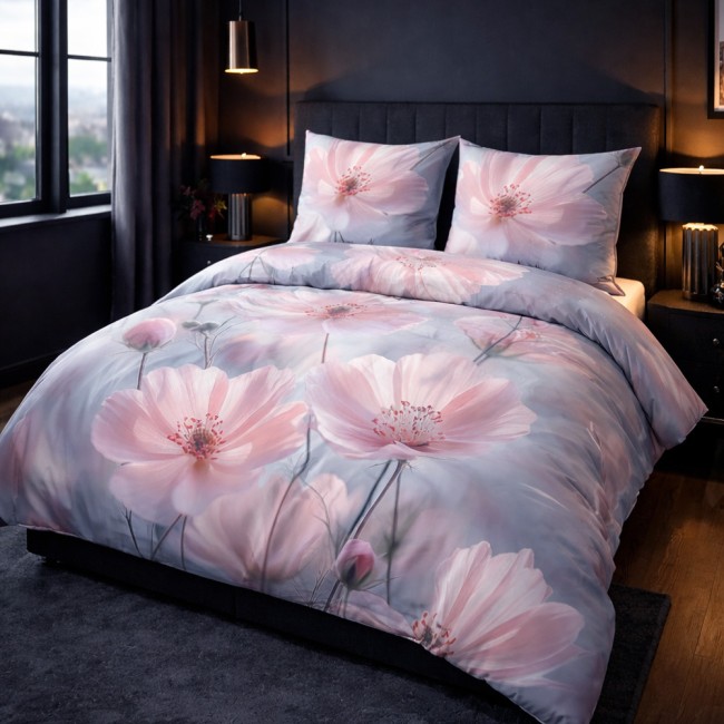  Piękna, delikatna pościel satynowa z 100% bawełny w rozmiarze 180x200 cm w oryginalny wzór różowych kwiatów na jasnym tle 