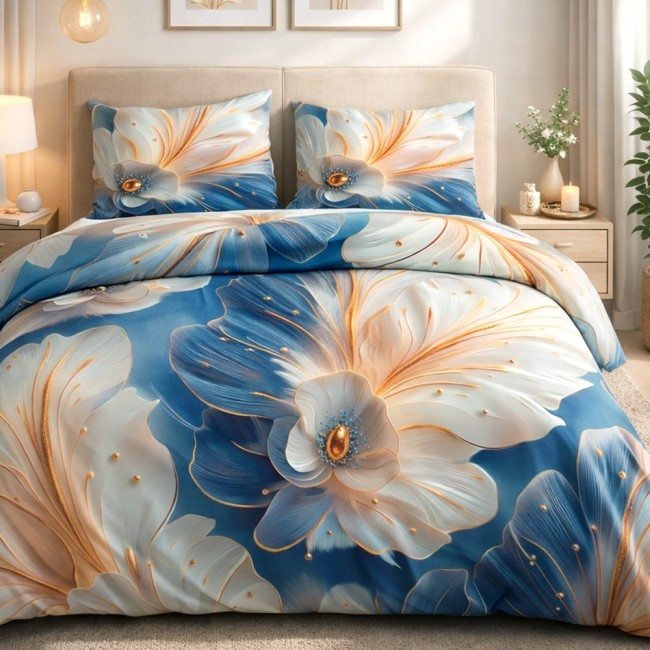  Piękna, delikatna pościel satynowa z 100% bawełny w rozmiarze 180x200 cm w oryginalny wzór złotych kwiatów na ciemno niebieskim tle 