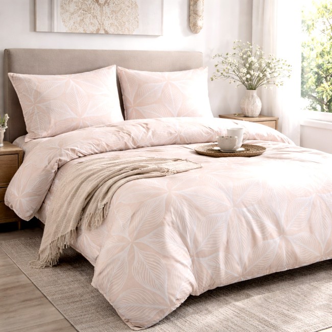  Miękka, ciepła, puszysta bawełniana pościel flanelowa 160x200 cm Pudrowa różowa w białe liście 