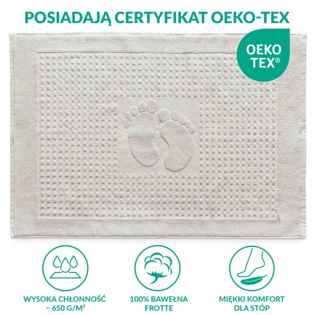 Dywanik łazienkowy o wymiarach 50x70 cm w kolorze popielatym. Frontalne ujęcie ukazuje fakturę materiału z wytłoczonym wzorem stóp, ozdobiony wypukłymi punktami. Otoczony miękką, gładką krawędzią, leży na jednolitym tle.