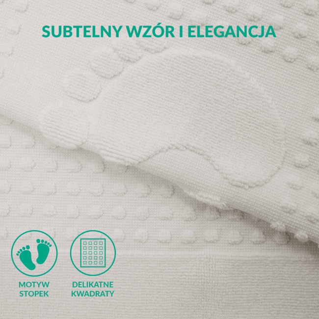 Dywanik łazienkowy 50x70 cm w kolorze białym, z teksturą w formie wypukłych kropek i wzorem stopy. Ułożony na jedwabistym tle, pokazuje detale tkaniny oraz fakturę tworzywa. Produkt leży płasko, ukazując jego funkcjonalność oraz estetyczne wykończenie.