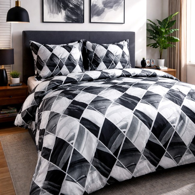  Delikatna bawełniana lekka przewiewna biało czarna pościel w geometryczne romby 220x200 cm 