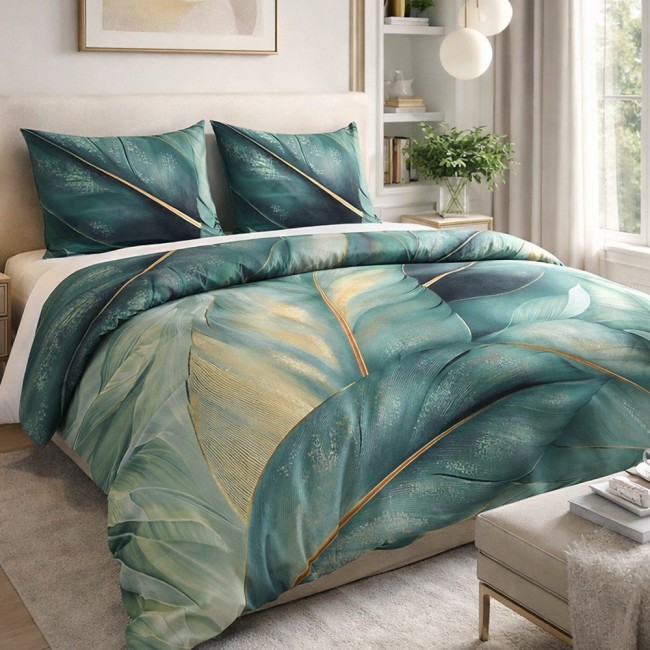  Piękna, delikatna pościel satynowa z 100% bawełny w rozmiarze 140x200 cm w oryginalny wzór zielonych liści ze złotymi detalami 