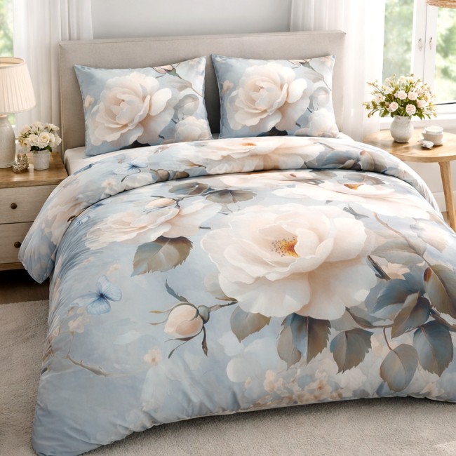  Piękna, delikatna pościel satynowa z 100% bawełny w rozmiarze 160x200 cm w oryginalny wzór kremowych róż i motyli na szarym tle 