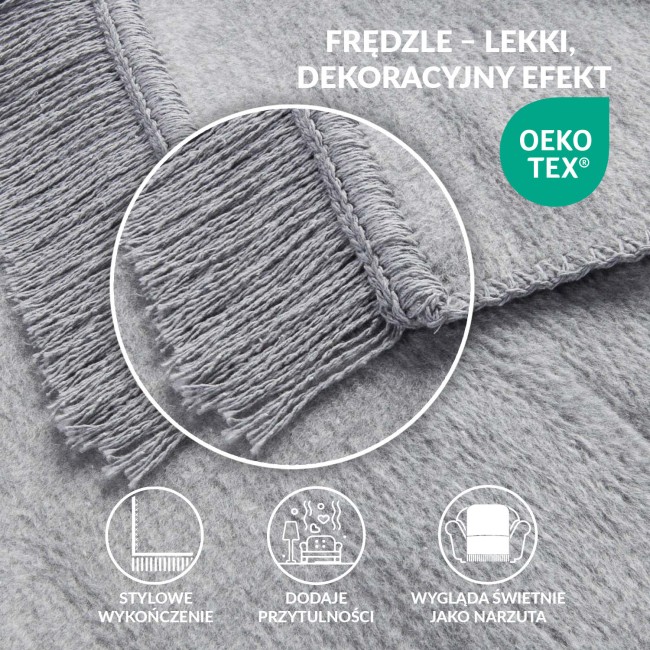 Koc bawełniany 200x220 w odcieniu szarym, leżący na płaskiej powierzchni, z frędzlami na krótszym boku. Widać teksturę materiału, który jest delikatny i miękki, idealny do użytku domowego lub dopełnienia aranżacji wnętrz.