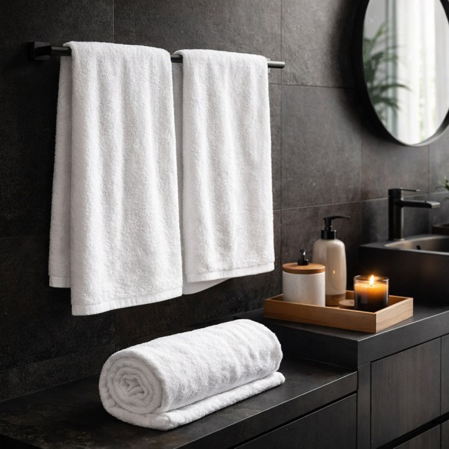 Biały ręcznik hotelowy 50x100 cm, gładki, o gramaturze 400 g/m², leży zwinięty na blacie, obok dwóch ręczników wiszących na wieszakach. W tle widoczne akcesoria łazienkowe oraz lustro. Tło ciemne, minimalistyczne.