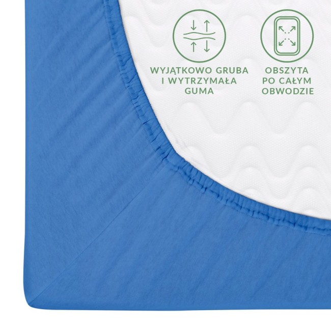 Prześcieradło jersey z gumką 80x180 w kolorze chabrowym, zwinięte i ułożone na białym tle. Widoczna gruba, wytrzymała guma obwodowa oraz teksty informacyjne o właściwościach materiału. Produkt ma prosty, gładki wygląd bez dodatkowych zdobień.