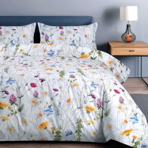 Pościel satyna bawełniana 160x200 Floria biała w kolorowe polne kwiaty, Satynlove