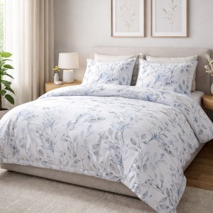 Pościel satyna bawełniana 140x200 Azura biała w delikatne niebieskie liście, Satynlove