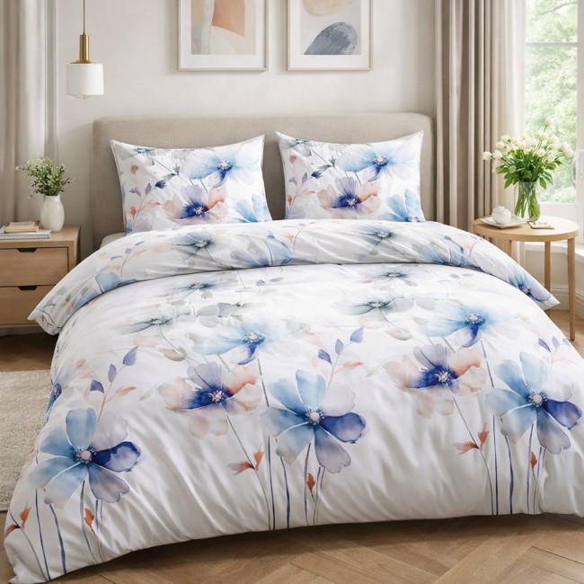  Pościel satynowa 100% bawełniana z białym tłem z dużymi pastelowymi kwiatami z kolekcji Satynlove 