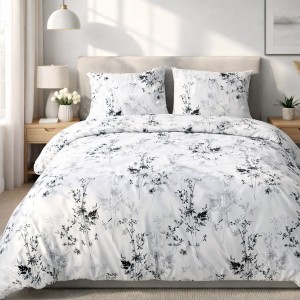 Pościel satyna bawełniana 140x200 Noira biała z czarnym i szarym botanicznym wzorem, Satynlove