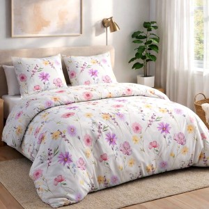 Pościel satyna bawełniana 160x200 Vellia biała w pastelowe kolorowe kwiaty akwarelowe, Satynlove