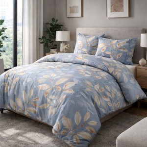 Pościel bawełniana 140x200 Sandleaf niebieska w beżowe liście, Cottonlove