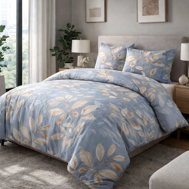  Elegancki wzór w złote liście na niebieskim tle 160x200 cm z kolekcji Cottonlove 