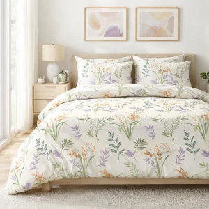 Pościel bawełniana 140x200 Herbalia kremowa w botaniczny wzór kwiatowy, Cottonlove