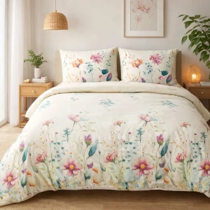 Pościel bawełniana 160x200 Florena kremowa w pastelowe kolorowe kwiaty polne, Cottonlove