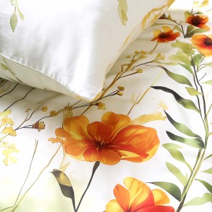 Pościel satyna bawełniana 180x200 Solaia kremowa, kwiatowa zielona łąka, Satynlove Premium