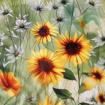 Pościel satyna bawełniana 220x200 Solaia w kremowym kolorze z kwiatowym wzorem, w tym żółte słoneczniki i białe stokrotki, na tle zielonej łąki. Widok z bliska, eksponujący detale kwiatów i ich kolory.