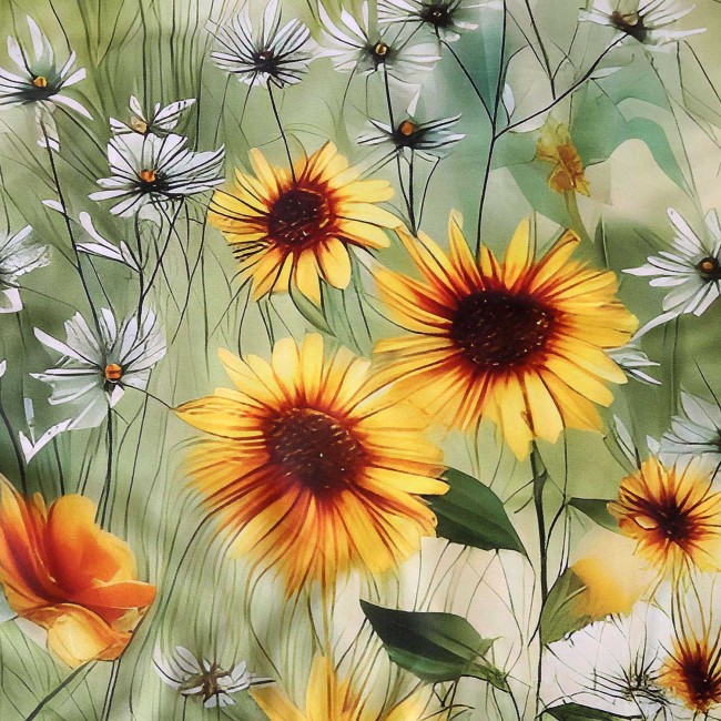 Pościel satyna bawełniana 220x200 Solaia w kremowym kolorze z kwiatowym wzorem, w tym żółte słoneczniki i białe stokrotki, na tle zielonej łąki. Widok z bliska, eksponujący detale kwiatów i ich kolory.