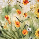 Pościel satyna bawełniana 220x200 Solaia w kolorze kremowym z kwiatowym wzorem przedstawiającym żółte, pomarańczowe i białe kwiaty na zielonym tle, w zbliżeniu na detale roślinności.