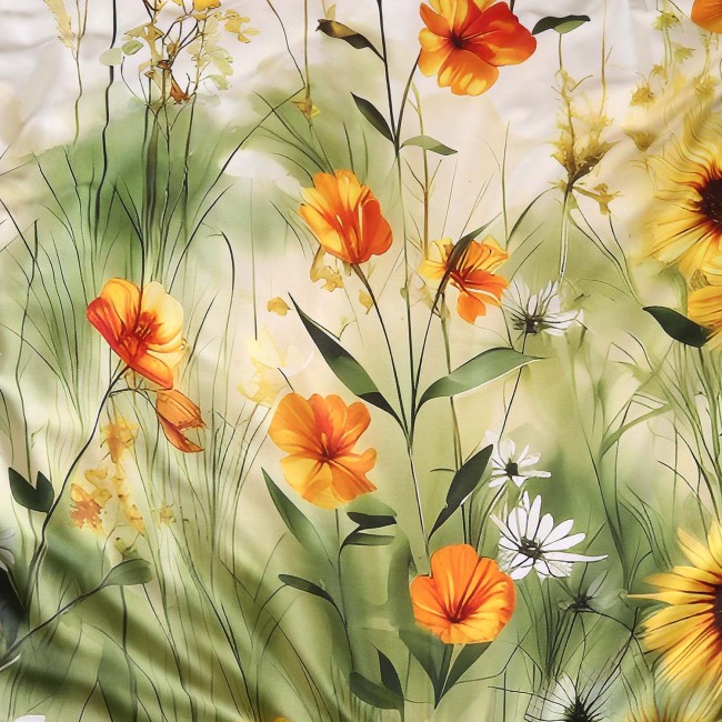 Pościel satyna bawełniana 220x200 Solaia w kolorze kremowym z kwiatowym wzorem przedstawiającym żółte, pomarańczowe i białe kwiaty na zielonym tle, w zbliżeniu na detale roślinności.