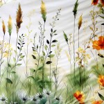 Pościel satyna bawełniana 220x200 Solaia w kolorze kremowym, z kwiatowym motywem przedstawiającym zieloną łąkę, z widocznymi żółtymi i pomarańczowymi kwiatami oraz delikatnymi łodygami i liśćmi na białym tle.