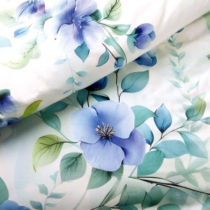 Pościel satyna bawełniana 180x200 Azurea biała w niebieskie kwiaty, Satynlove Premium