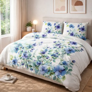 Pościel satyna bawełniana 220x200 Azurea biała w niebieskie kwiaty, Satynlove Premium