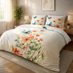 Pościel satyna bawełniana 180x200 Papilio kolorowe motyle i kwiaty, Satynlove Premium