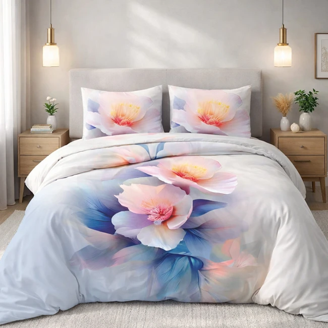  Piękna, delikatna biało niebieska pościel w duże, eleganckie kwiaty w pastelowych tonach, w rozmiarze 180x200 cm 